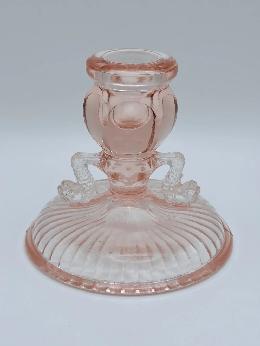 Vintage, Soft Pink, Depression Glass, Koi Fish, Candlestick Holder, 3 3/4” Tall